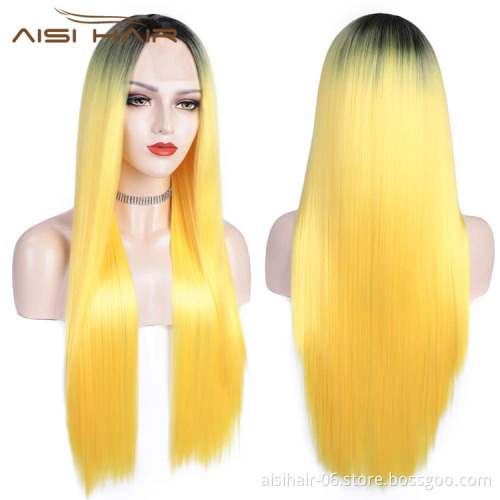 Aisi Hair Hotselling Wholesale Vendor 28 Inch Long Silky Straight Ombre Yellow Wig For Black Women Synthetic Hair Wigs